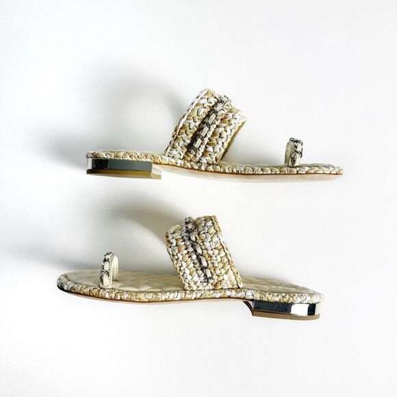 CHANEL Raffia Beige Leather Chain CC Logo Sandals Size 40 Open Toe Ring Slide - Picture 9 of 12